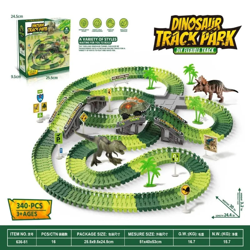 🦖 DinoTrack Rush™ – Electric Rail Car Adventure with Lights & Mountain Tracks