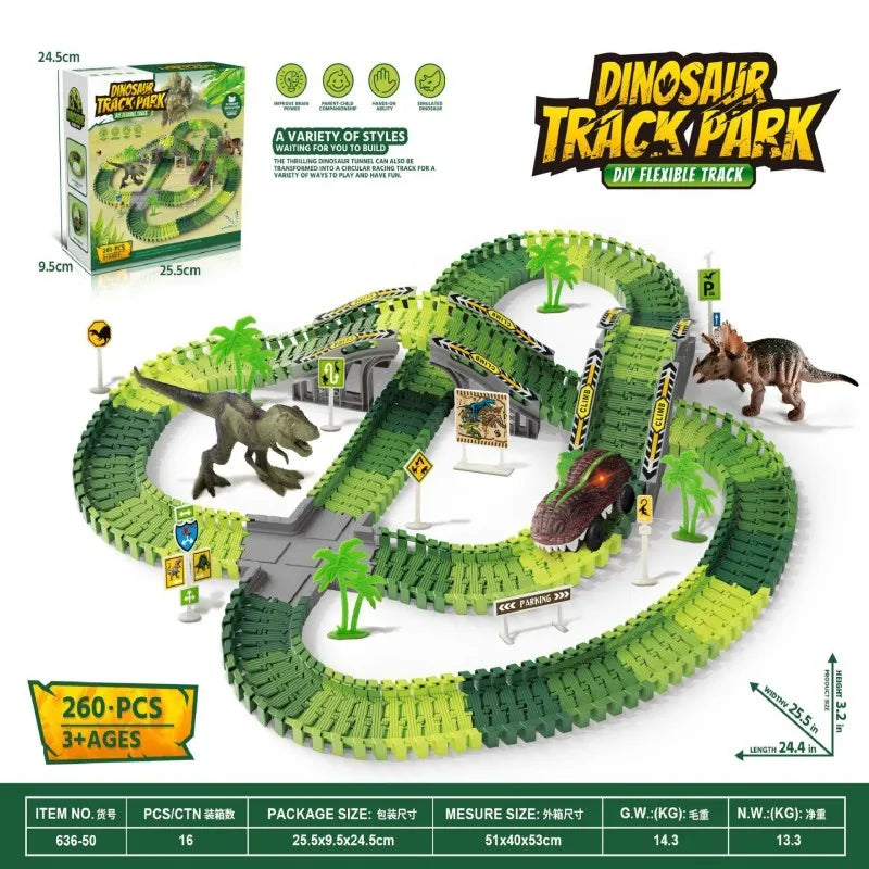 🦖 DinoTrack Rush™ – Electric Rail Car Adventure with Lights & Mountain Tracks