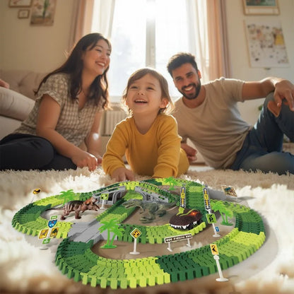 🦖 DinoTrack Rush™ – Electric Rail Car Adventure with Lights & Mountain Tracks