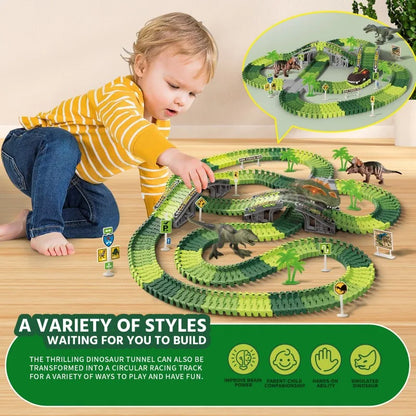 🦖 DinoTrack Rush™ – Electric Rail Car Adventure with Lights & Mountain Tracks